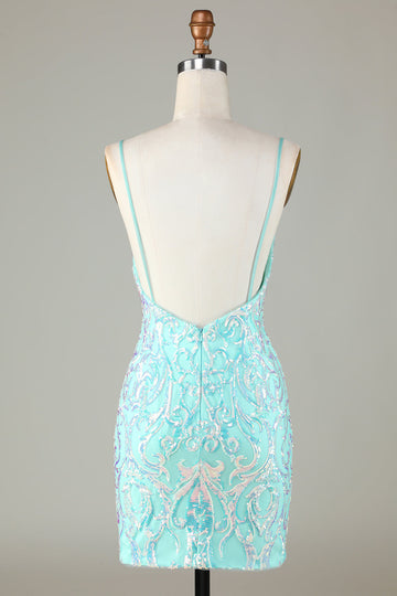 Sparkly Tight Spaghetti Straps Green Short Formal Dress with Backless